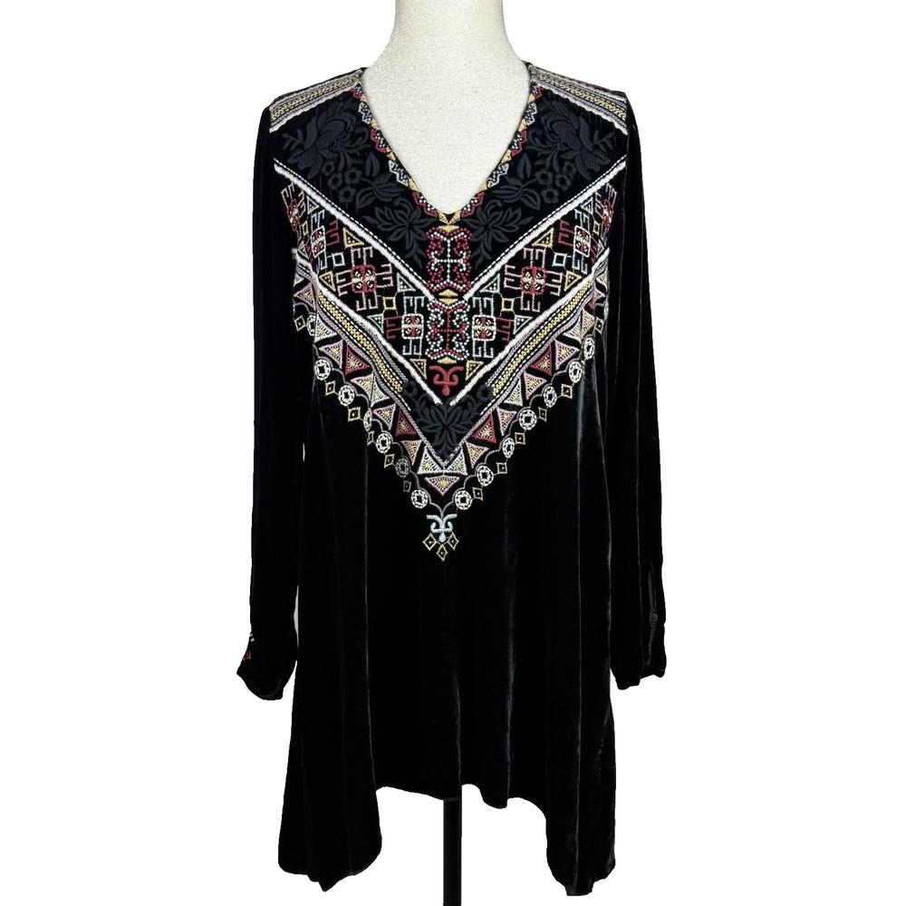 JWLA Johnny Was Landon Velvet Tunic Dress Womens M Black Boho Embroidered